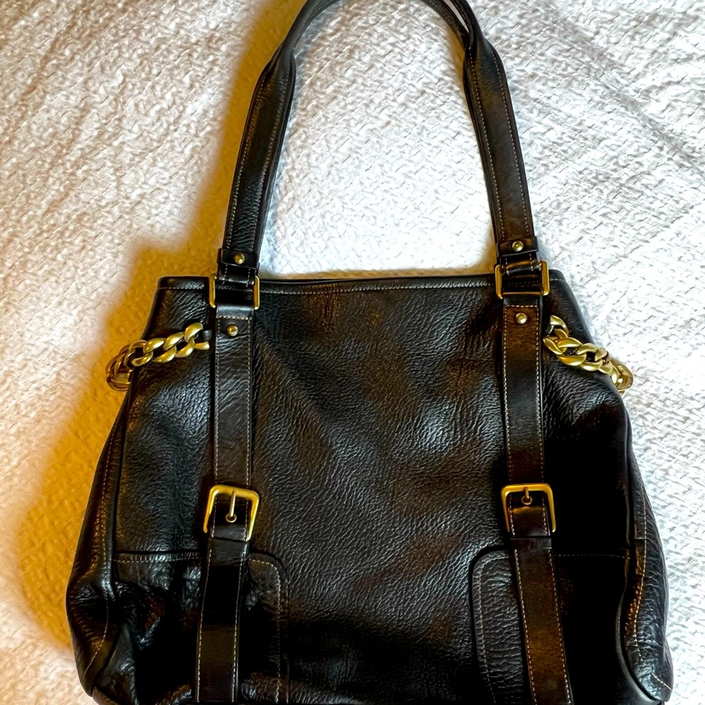 Kenneth Cole XL Leather Black Shoulder Bag with Brass Hardware